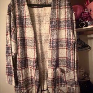 ASOS Cream Plaid Open-Front Cardigan with Navy & Red Accents